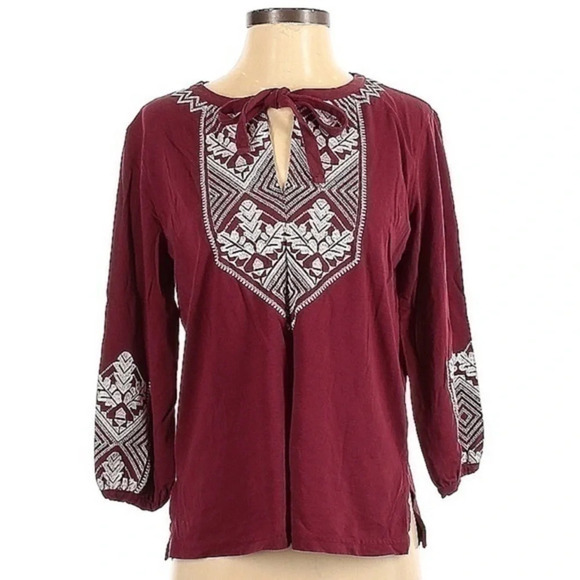 J. Crew | Vintage Embroidered Tie-Neck Top Burgundy Relaxing Bohemian Size XS - Picture 2 of 7